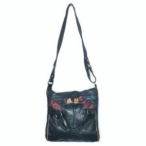 Lucky Brand Abbey Road Lambs Leather Embroidered Cross Body Tote Black
